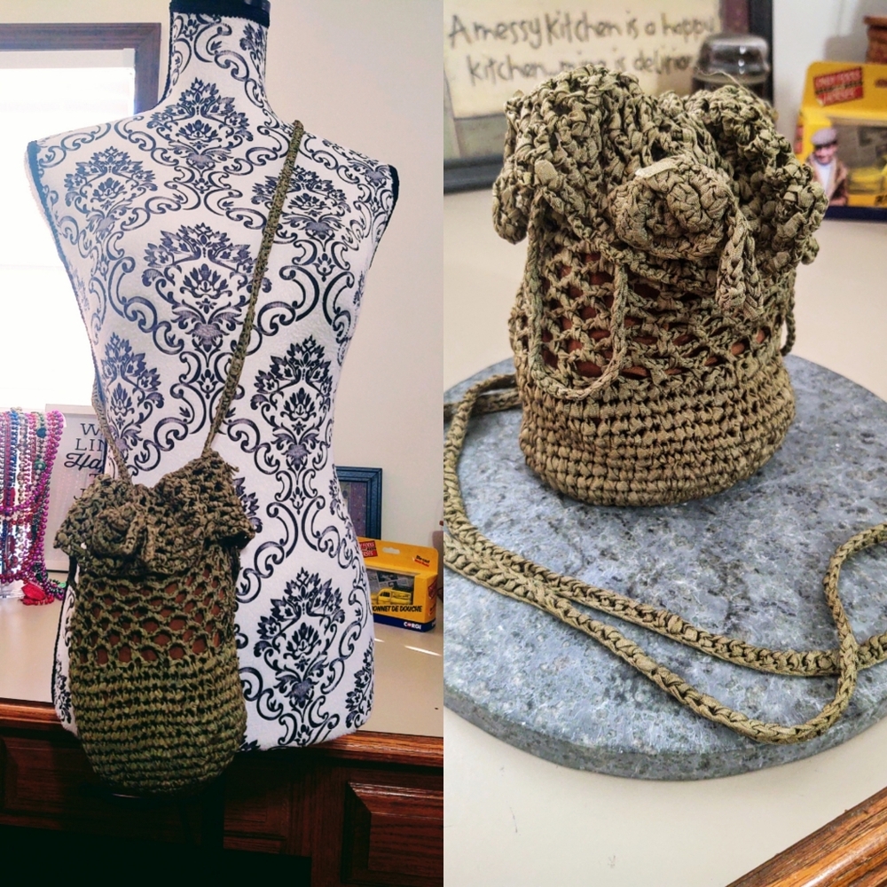 Vintage Crochet Ribbon Drawstring Crossbody Moss Green